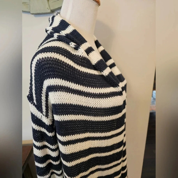 Wooden Ships •Size M-L• Longline Open Knit Cardigan Navy Blue & White Anthro - Picture 3 of 7